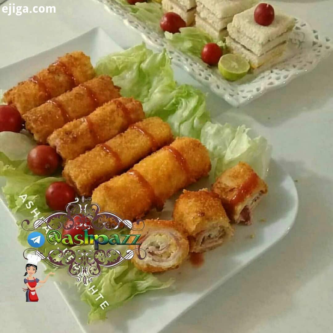 رول ژامبون سوخاری مواد لازم: نان تست ژامبون پنیر گودا یا چدار برای کاور سوخاری: آرد سفید آرد سوخاری