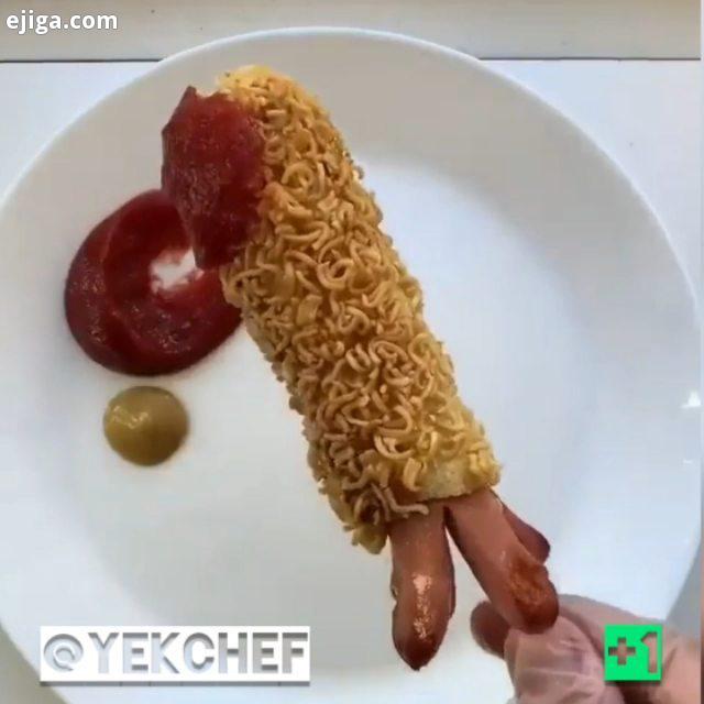 نودل داگ مواد لازم هات داگ نون تست نودل تخم مرغ..noodle corndog All credits : Dm for...نوش جون تون